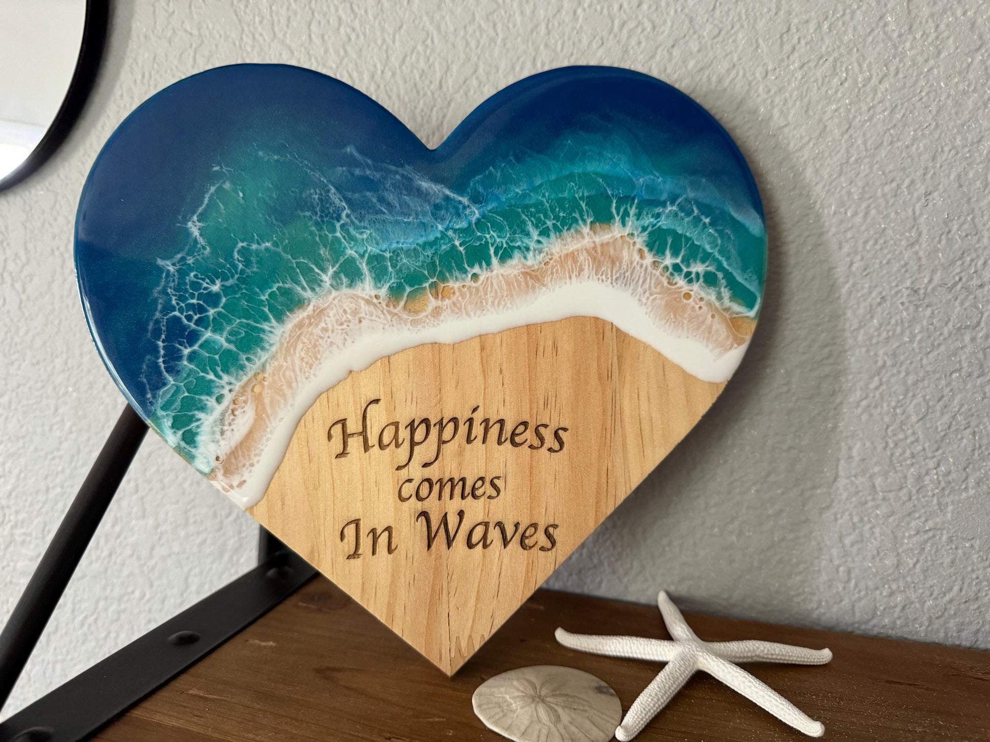 Ocean Wave Wall Art, Wooden Heart Beach Sign, Happiness Comes in Waves Handmade Coastal Art, Student Gift Dorm Decor, Coastal Christmas