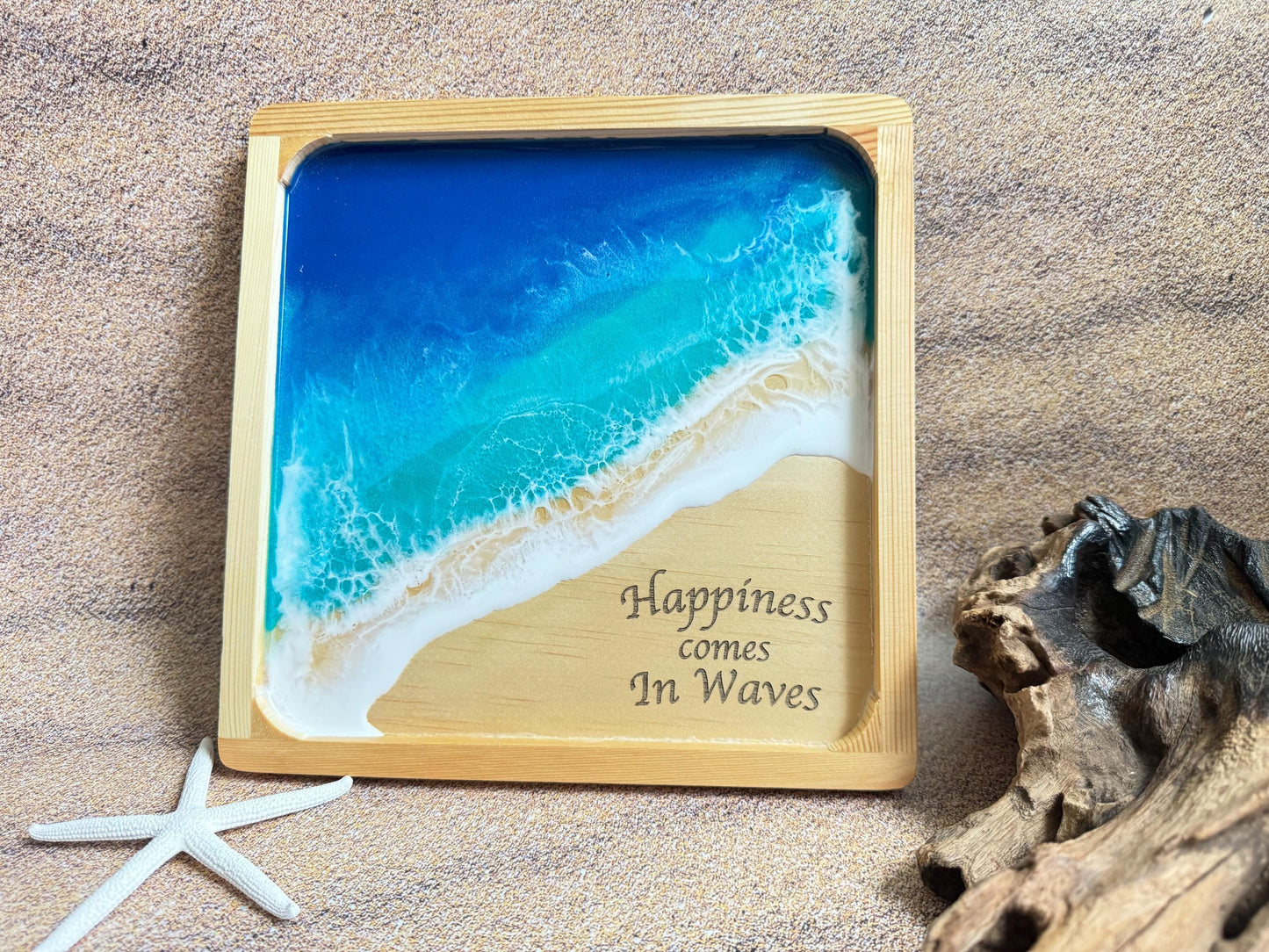 Coastal Home Decor, Ocean Wave Wall Art, Handmade Wooden Beach Sign, Happiness Comes in Waves Nautical Beach House Gift, Coastal Christmas