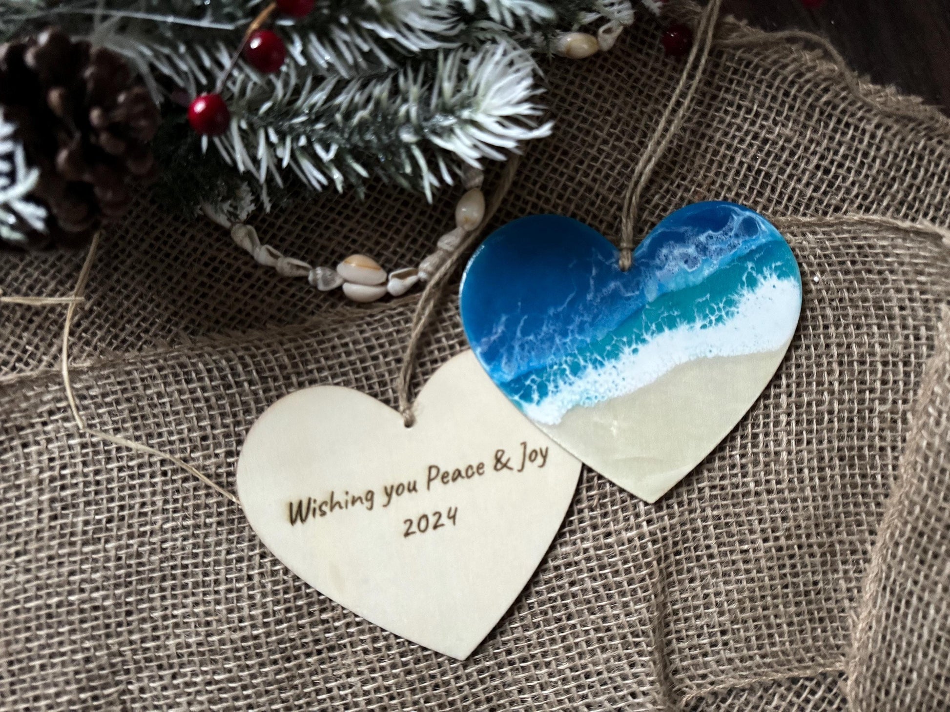 Personalized Beach Lover's Christmas Ornament, Large Wood Heart Coastal Home Decor with Resin Ocean Wave, Coastal Christmas, Beach House