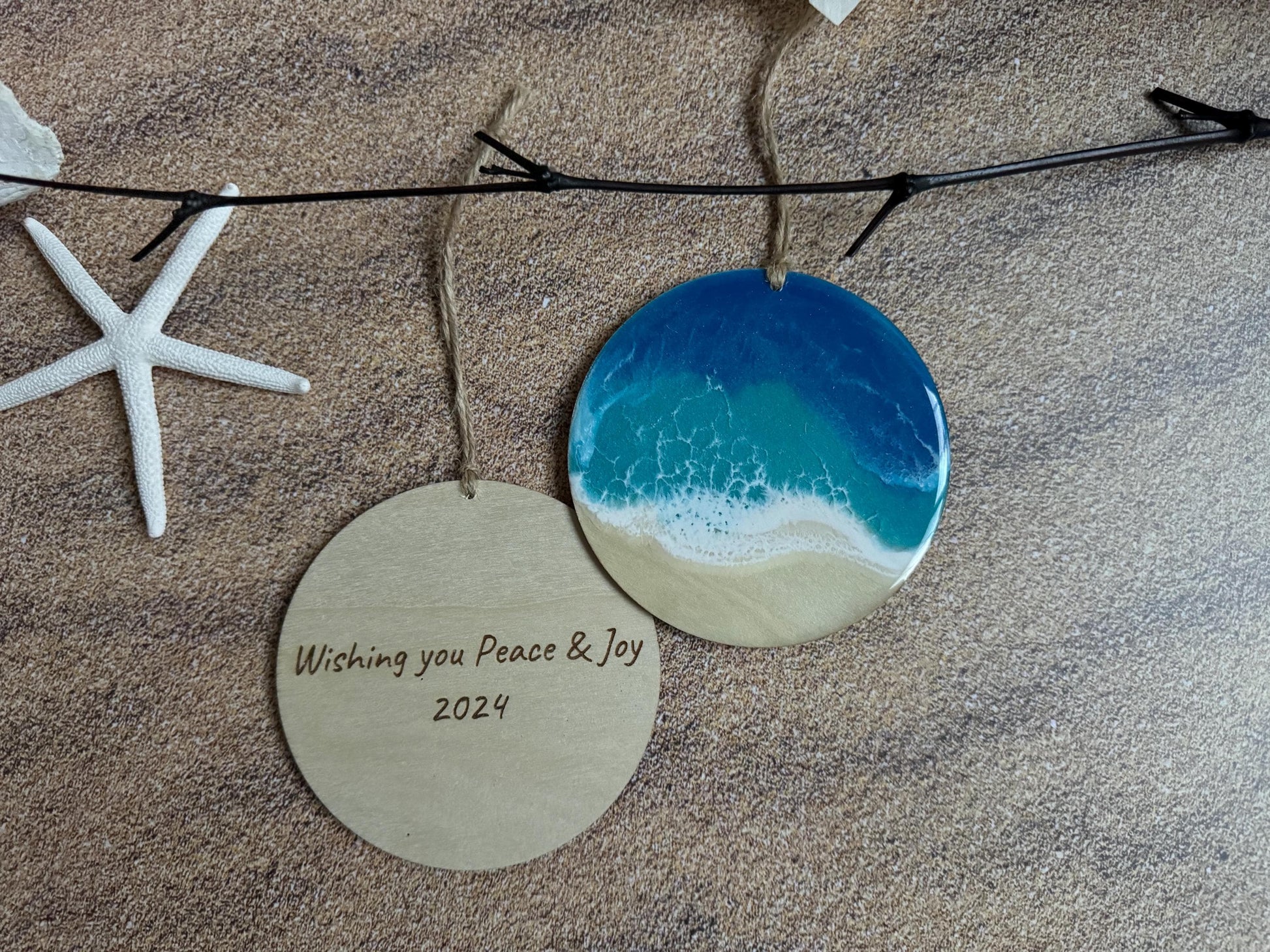 Personalized Beach Lover's Christmas Ornament, Large Wood Coastal Home Decor with Resin Ocean Wave, Coastal Christmas, Nautical Beach House