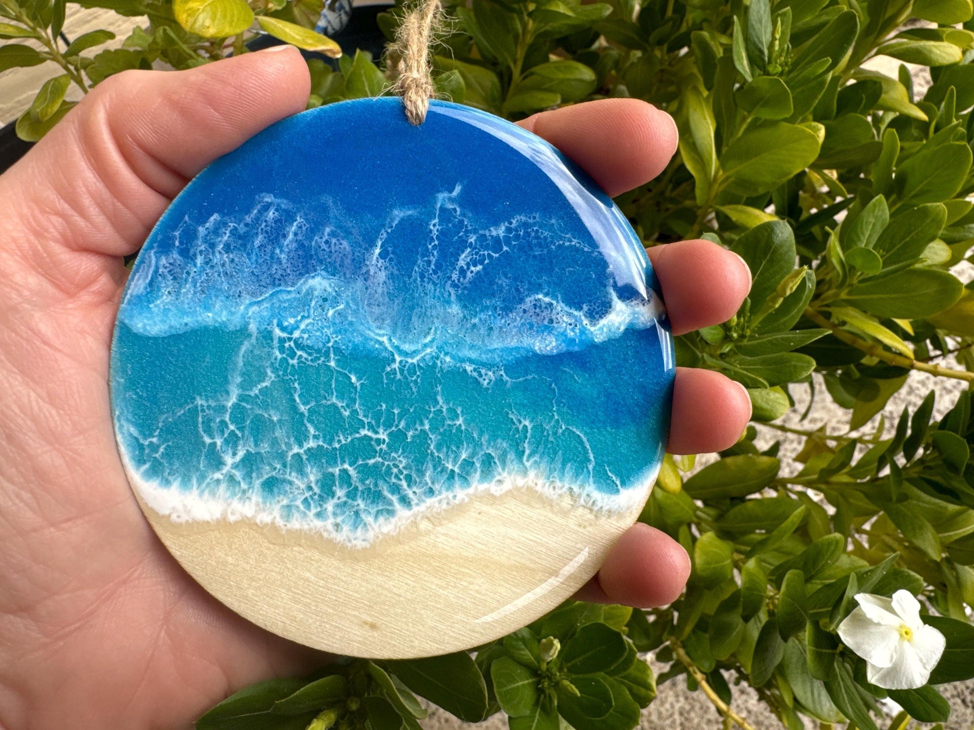 Personalized Beach Lover's Christmas Ornament, Large Wood Coastal Home Decor with Resin Ocean Wave, Coastal Christmas, Nautical Beach House