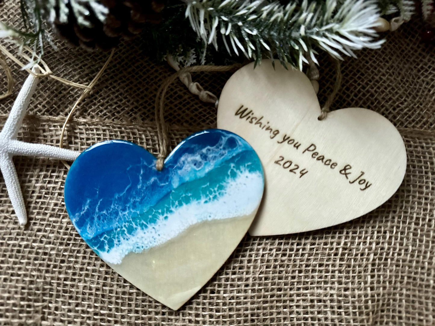 Personalized Beach Lover's Christmas Ornament, Large Wood Heart Coastal Home Decor with Resin Ocean Wave, Coastal Christmas, Beach House