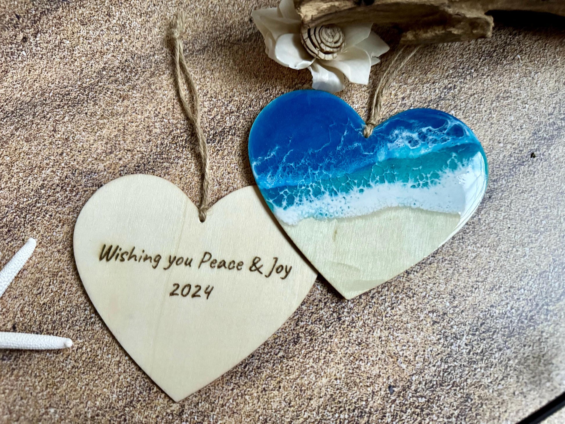 Personalized Beach Lover's Christmas Ornament, Large Wood Heart Coastal Home Decor with Resin Ocean Wave, Coastal Christmas, Beach House