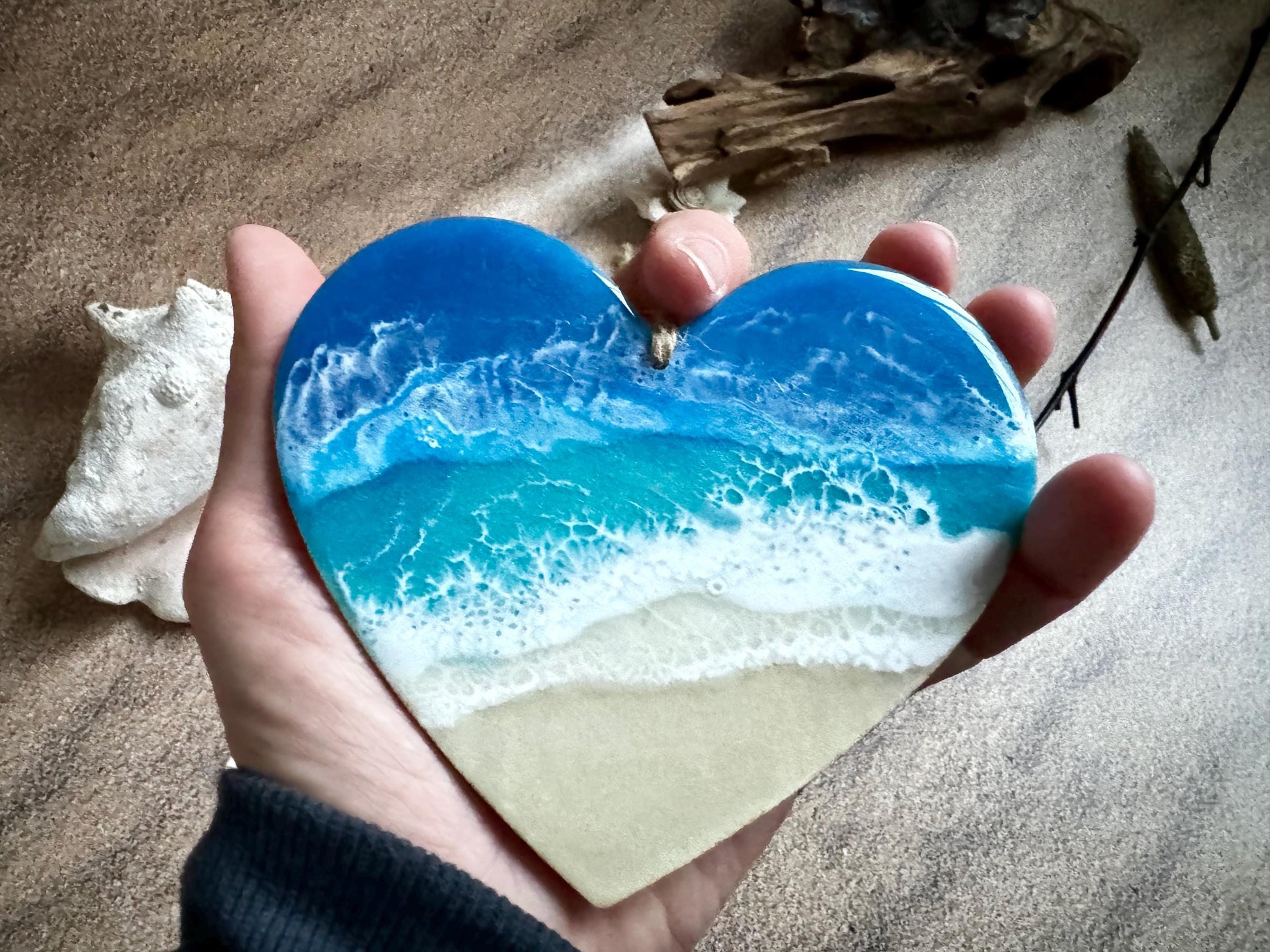 Personalized Beach Lover's Christmas Ornament, Large Wood Heart Coastal Home Decor with Resin Ocean Wave, Coastal Christmas, Beach House