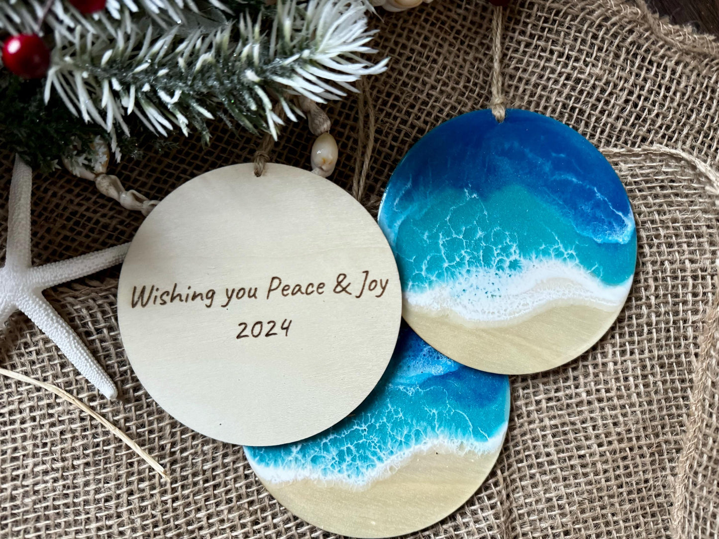 Personalized Beach Lover's Christmas Ornament, Large Wood Coastal Home Decor with Resin Ocean Wave, Coastal Christmas, Nautical Beach House