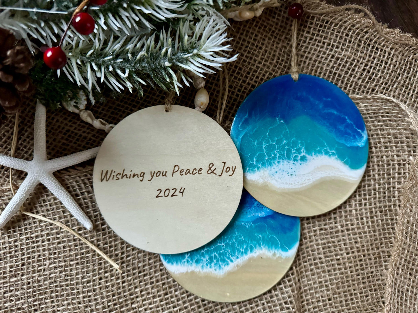 Personalized Beach Lover's Christmas Ornament, Large Wood Coastal Home Decor with Resin Ocean Wave, Coastal Christmas, Nautical Beach House