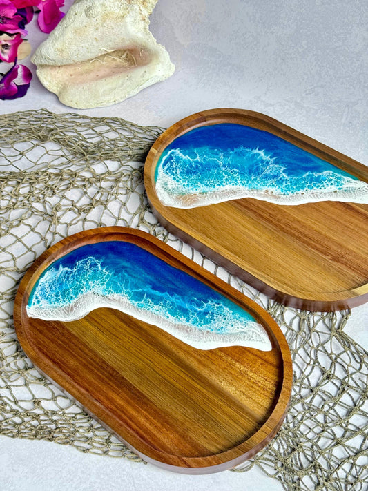 Ocean Wave Coastal Coffee Table Tray, Wood and Resin Beach Home Decor, Tropical Serving Tray, Trinket Tray, Housewarming Gift Beach Lover