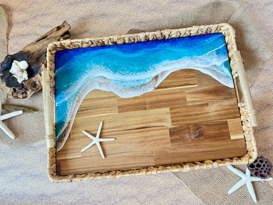 Large Ocean Wave Serving Tray With Handles, Coffee Table Tray, Realtor Closing New Home Gift, Tropical Wedding, Couple Beach Lover Gift