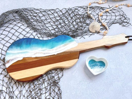 Coastal Home Decor, Ocean Wave Ukulele Cutting Board, Cheese & Beach Lover Gift, Tropical Hawaii Inspired Housewarming, Realtor Closing Gift