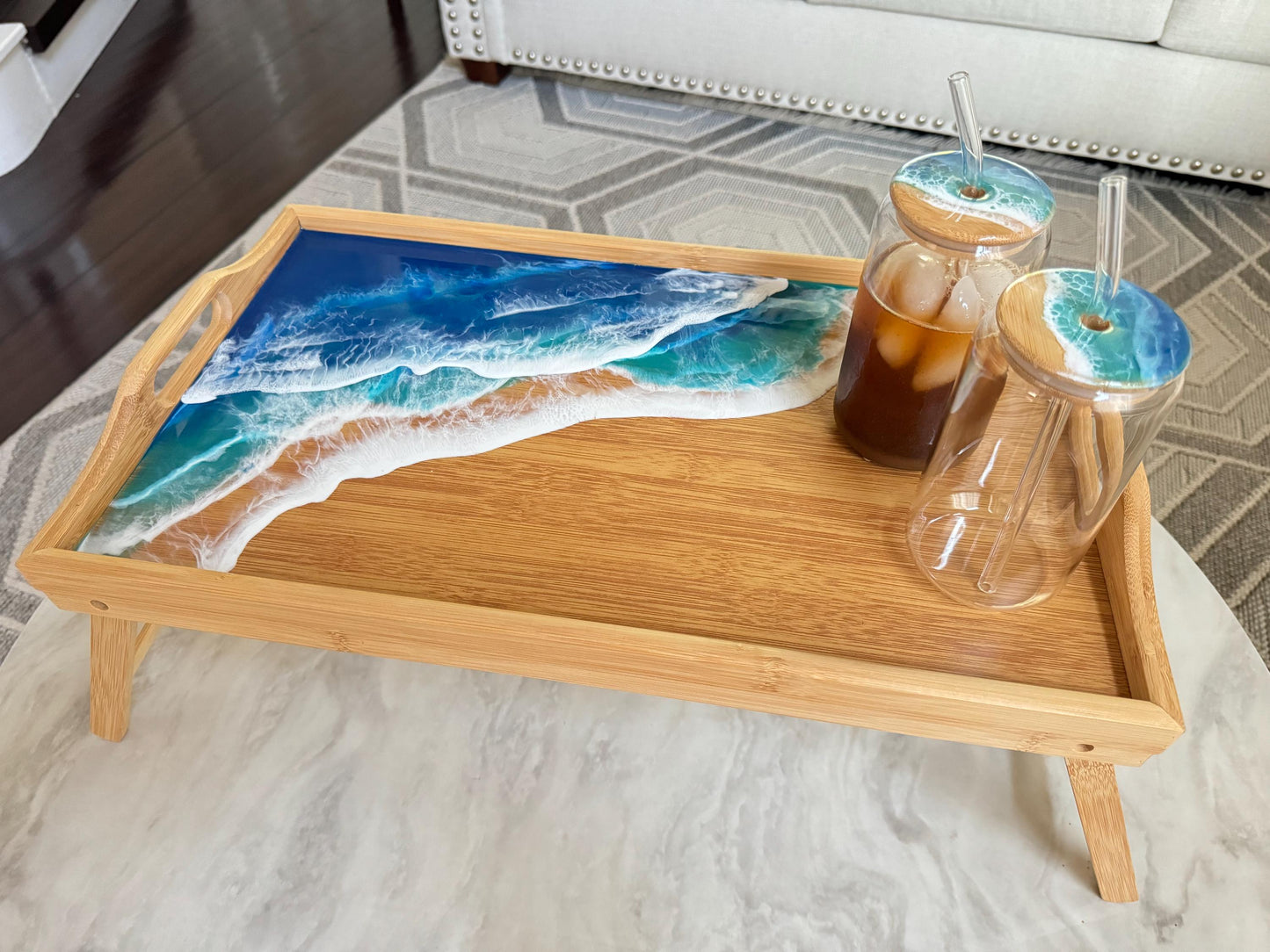 Ocean Inspired Breakfast in Bed Tray, Tropical Resin Ocean Wave Folding Tray, Realtor Closing New Home Gift, Mom Beach Lover Gift, Self Care