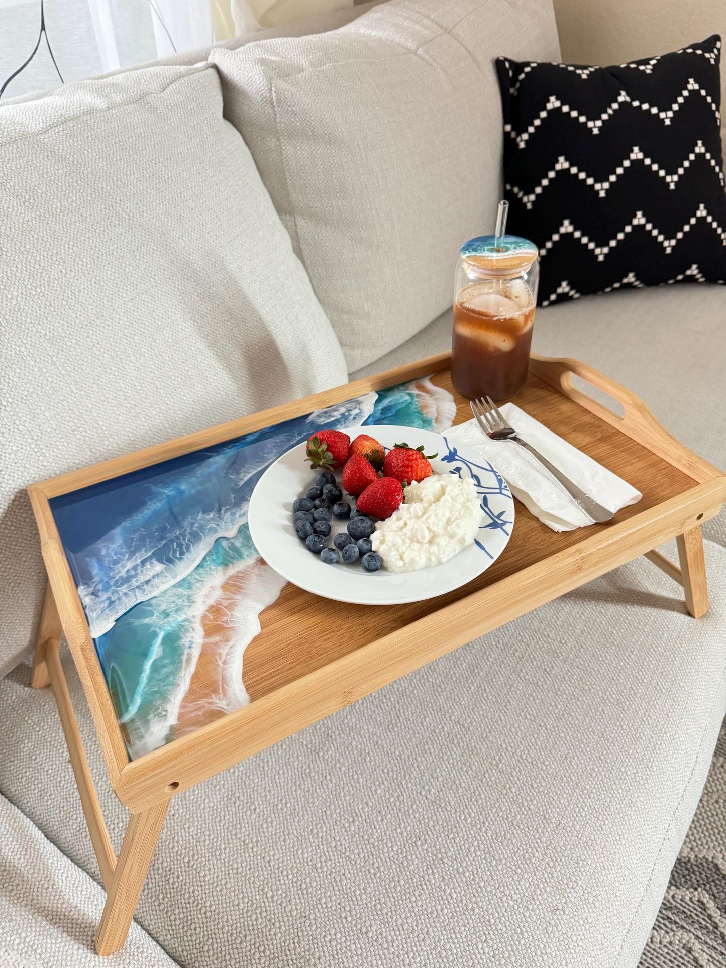 Ocean Inspired Breakfast in Bed Tray, Tropical Resin Ocean Wave Folding Tray, Realtor Closing New Home Gift, Mom Beach Lover Gift, Self Care