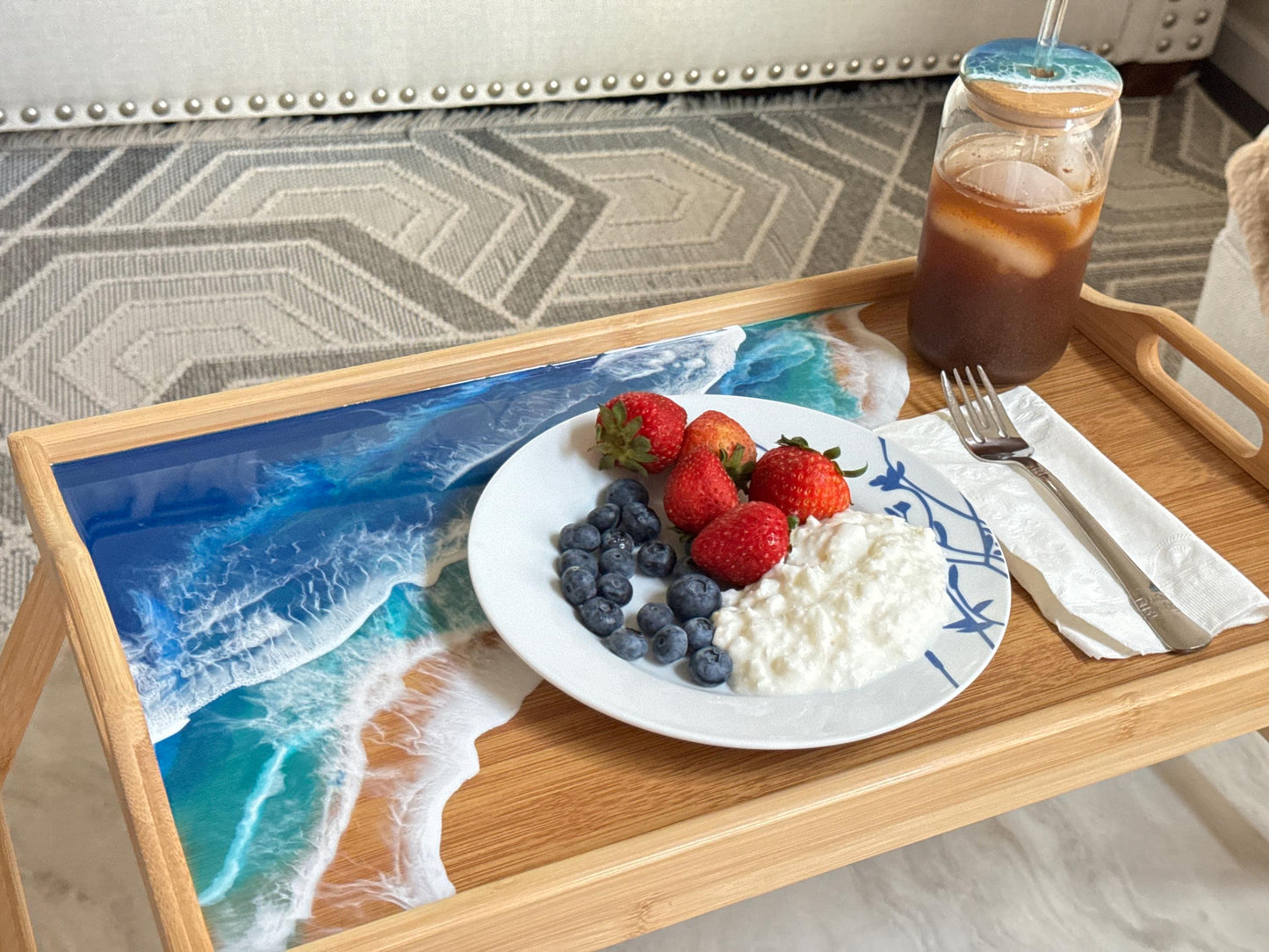 Ocean Inspired Breakfast in Bed Tray, Tropical Resin Ocean Wave Folding Tray, Realtor Closing New Home Gift, Mom Beach Lover Gift, Self Care