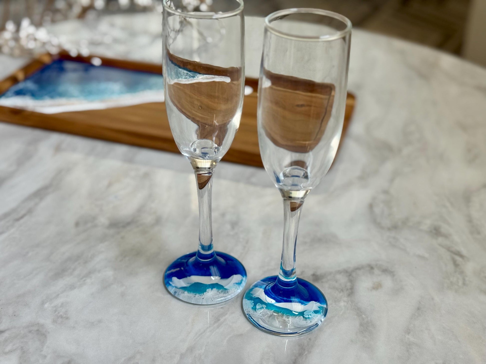 Resin Ocean Wave Champagne Flutes: Beach Wedding Toasting Glasses