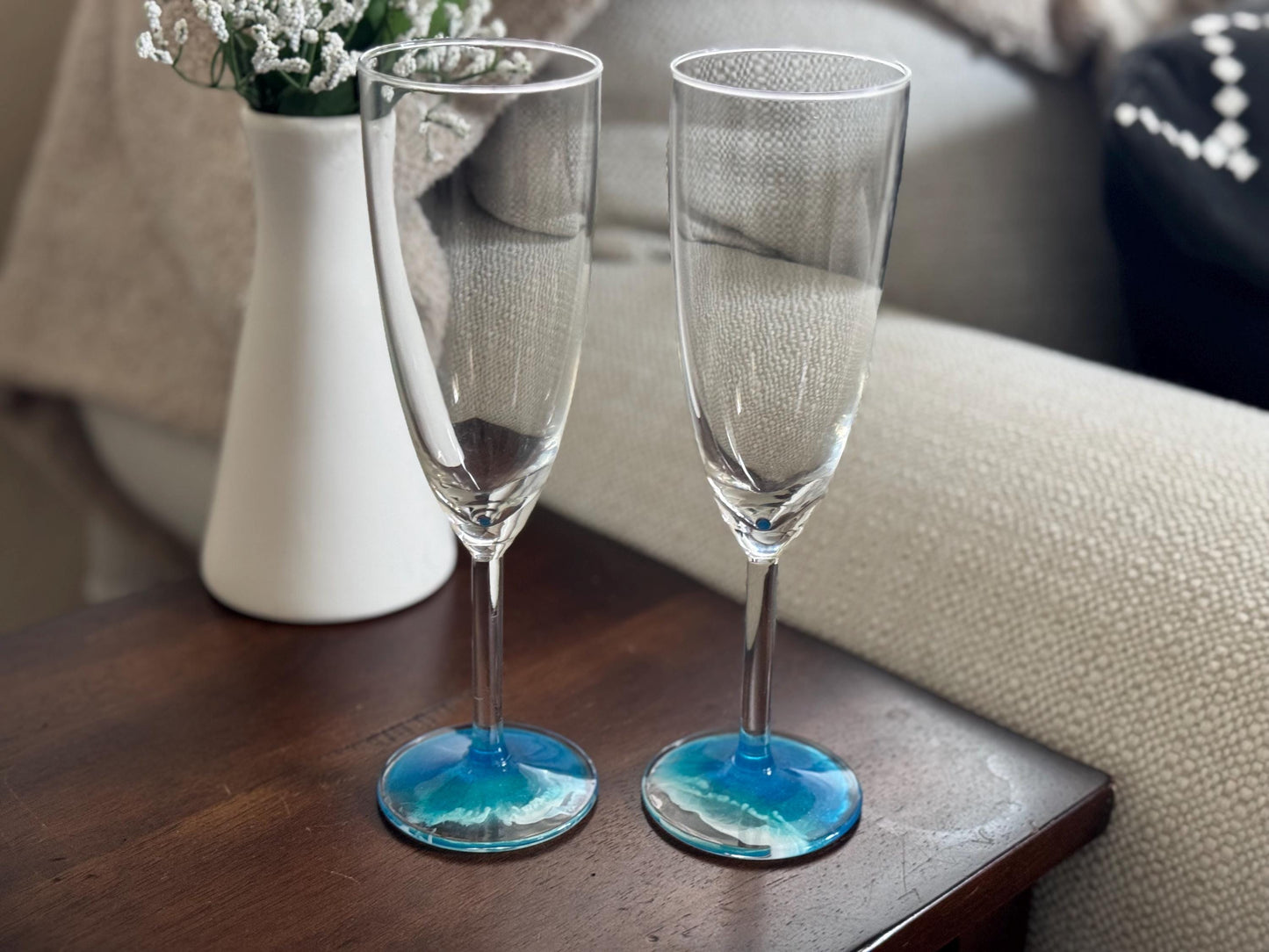 Resin Ocean Wave Champagne Flutes: Beach Wedding Toasting Glasses