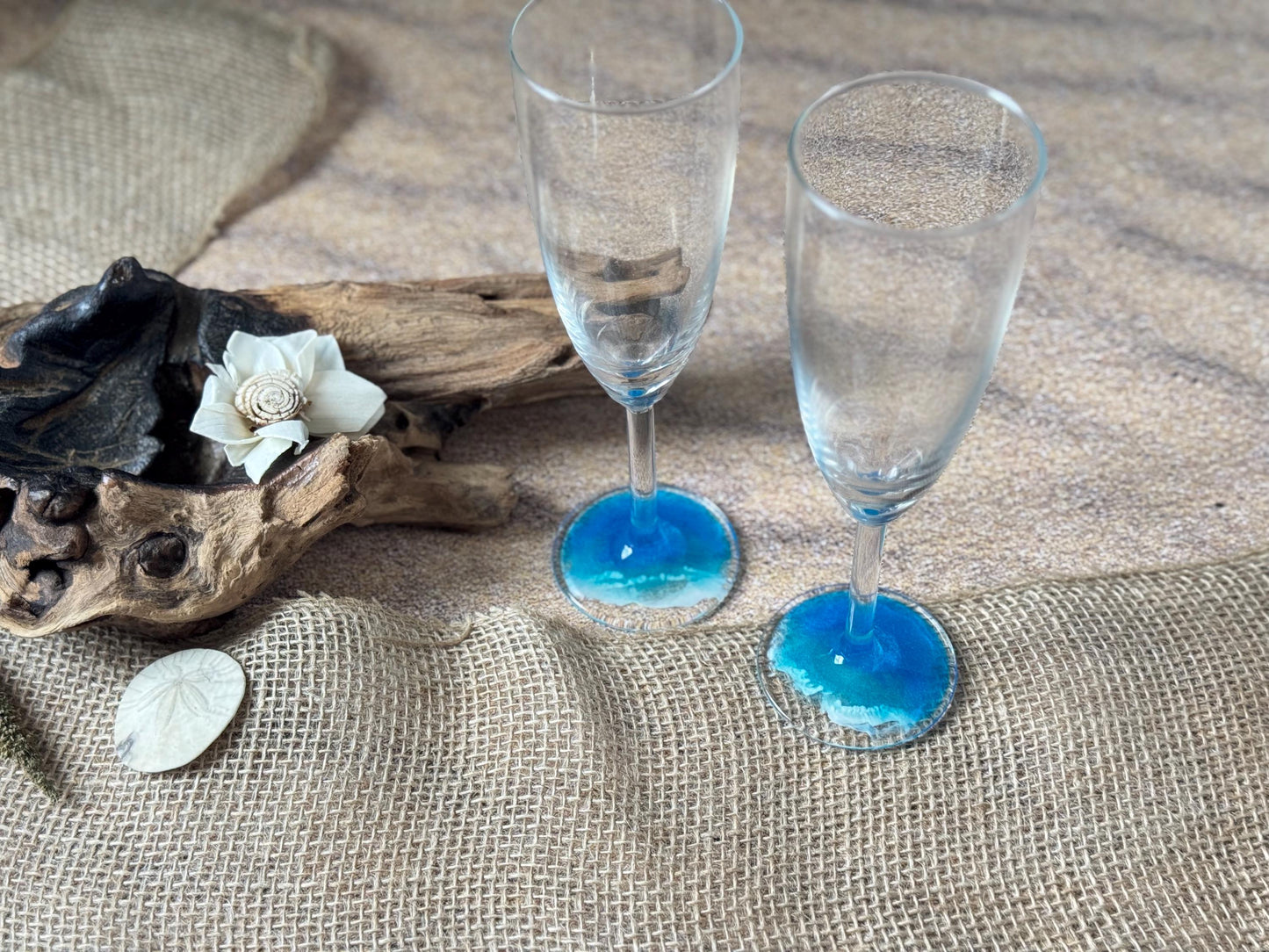 Resin Ocean Wave Champagne Flutes: Beach Wedding Toasting Glasses