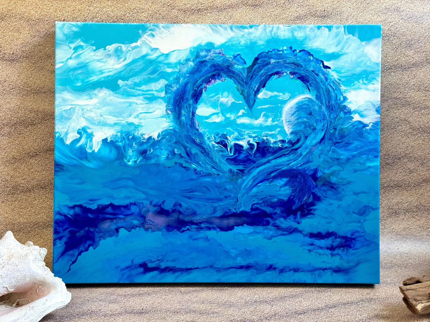 Ocean Heart Wave Acrylic Painting, Coastal Nautical Wall Art, 20x16