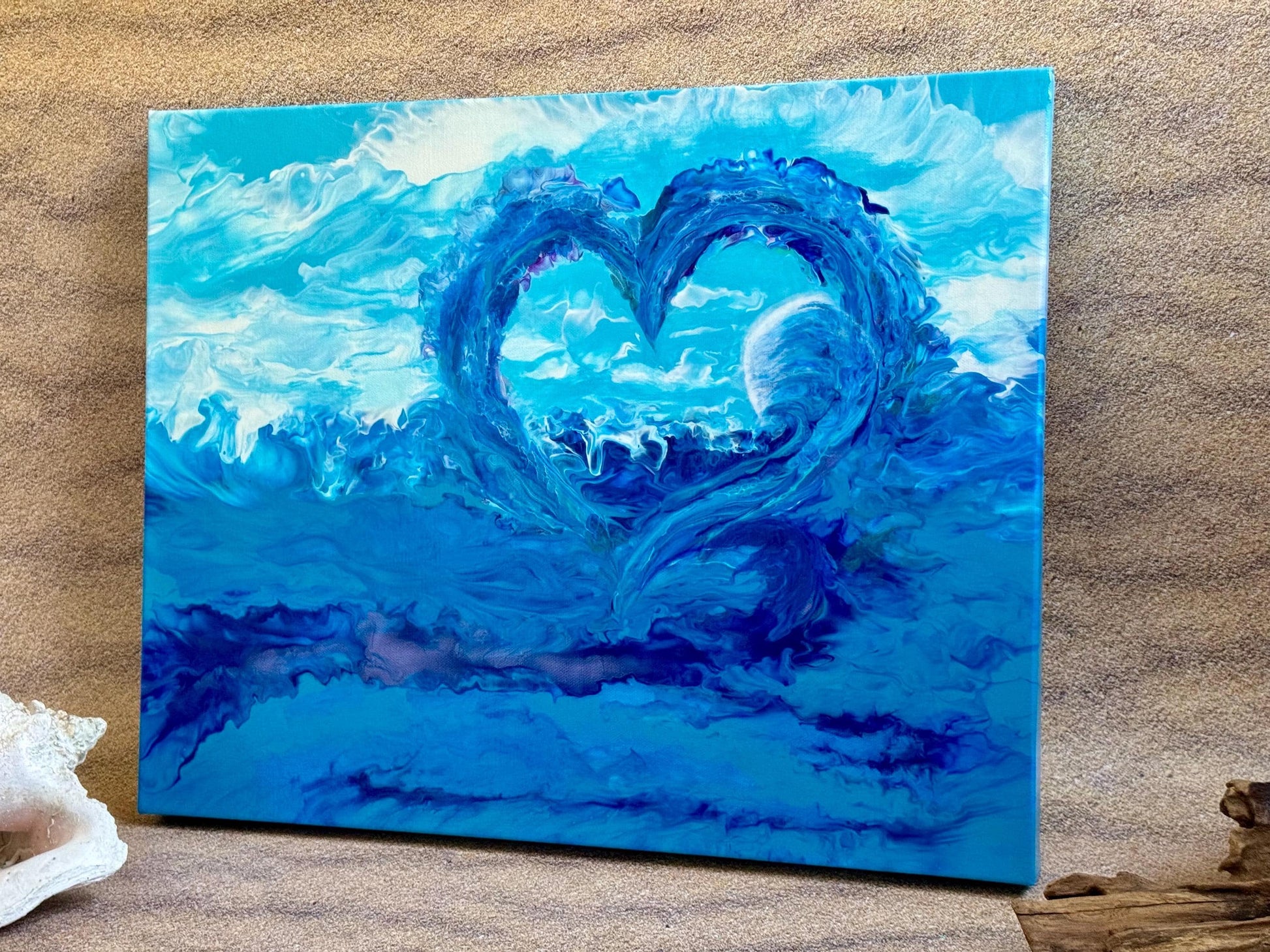 Ocean Heart Wave Acrylic Painting, Coastal Nautical Wall Art, 20x16