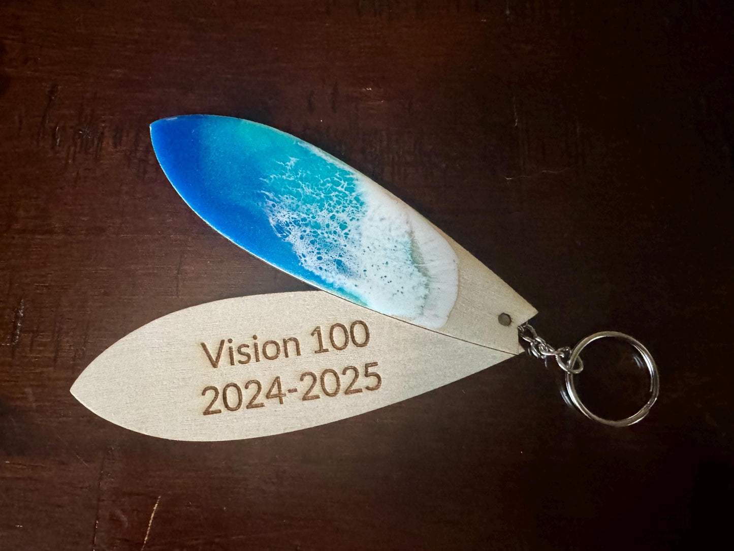 Surfboard Keychain for Beach Lover's, Wood Surfboard with Resin Ocean Wave, Surfer's Keychain, Coastal Decorative Bag Accessory