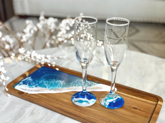 Resin Ocean Wave Champagne Flutes: Beach Wedding Toasting Glasses