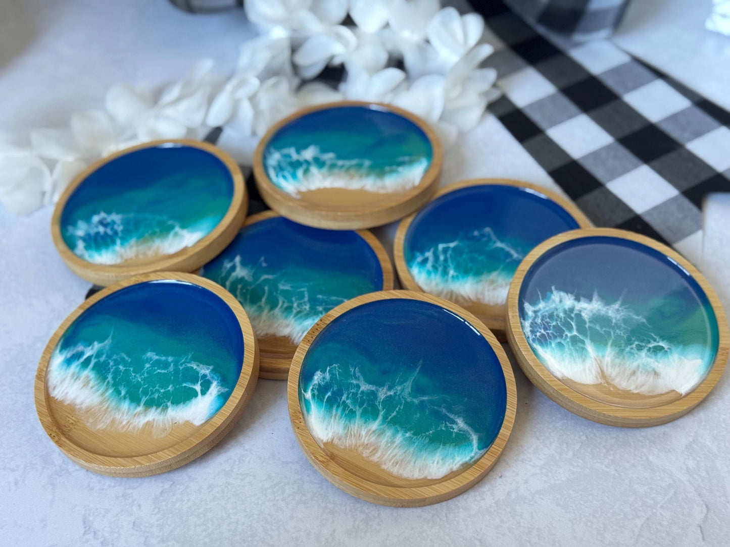Ocean Inspired Bamboo Coaster Set of 4, Round Wood Beach Coasters, Handmade Wave Decor, Housewarming Gift, New Home Gift, Hostess Gift