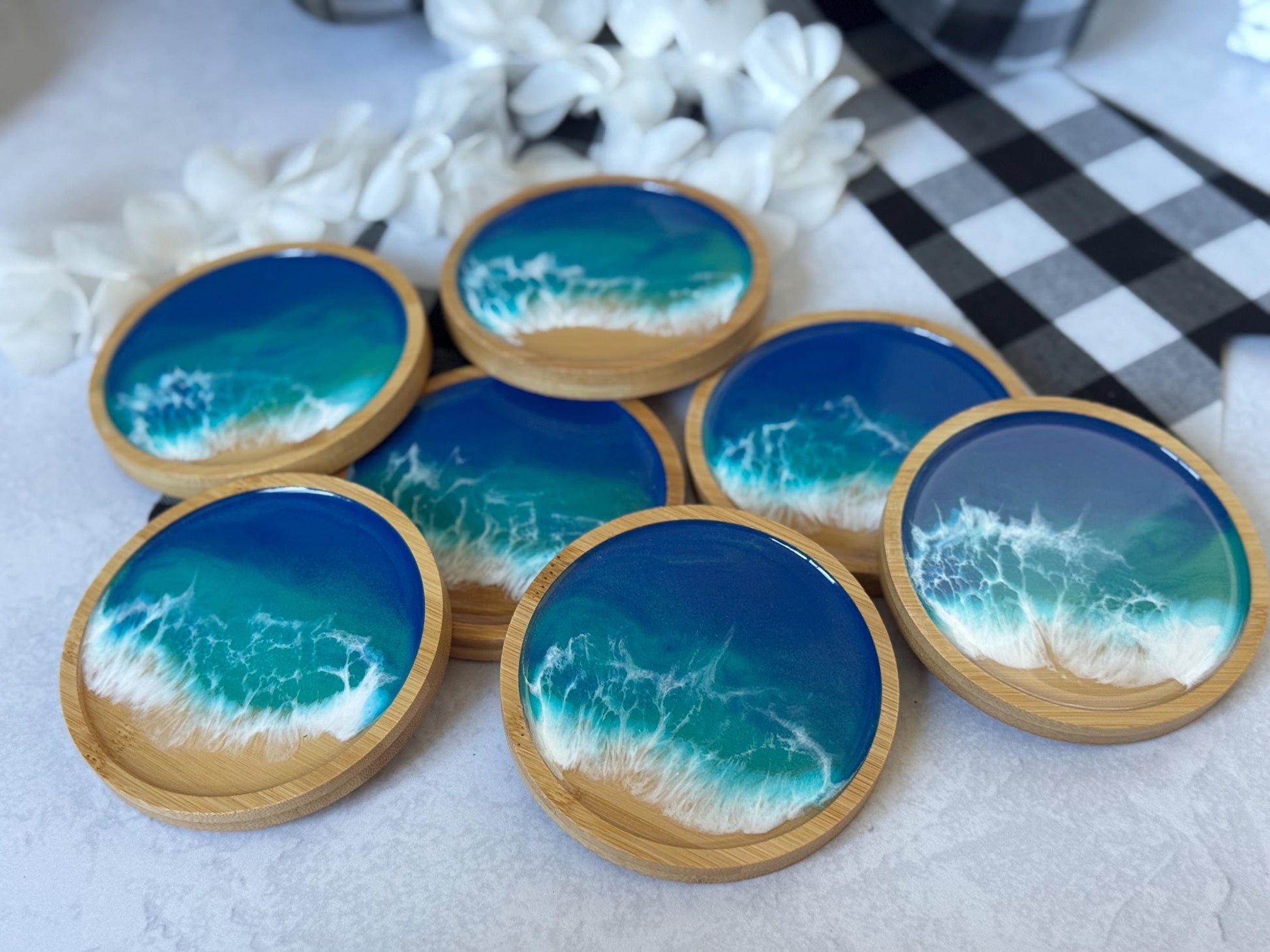 Ocean Inspired Bamboo Coaster Set of 4, Round Wood Beach Coasters, Handmade Wave Decor, Housewarming Gift, New Home Gift, Hostess Gift