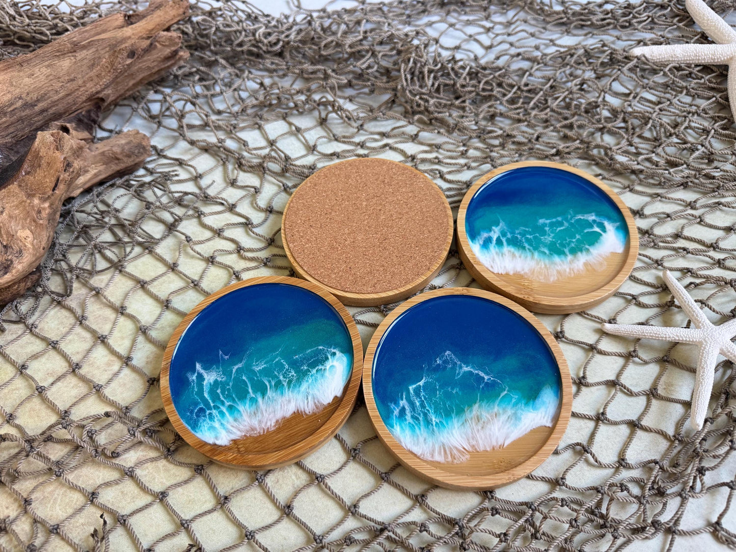 Ocean Inspired Bamboo Coaster Set of 4, Round Wood Beach Coasters, Handmade Wave Decor, Housewarming Gift, New Home Gift, Hostess Gift