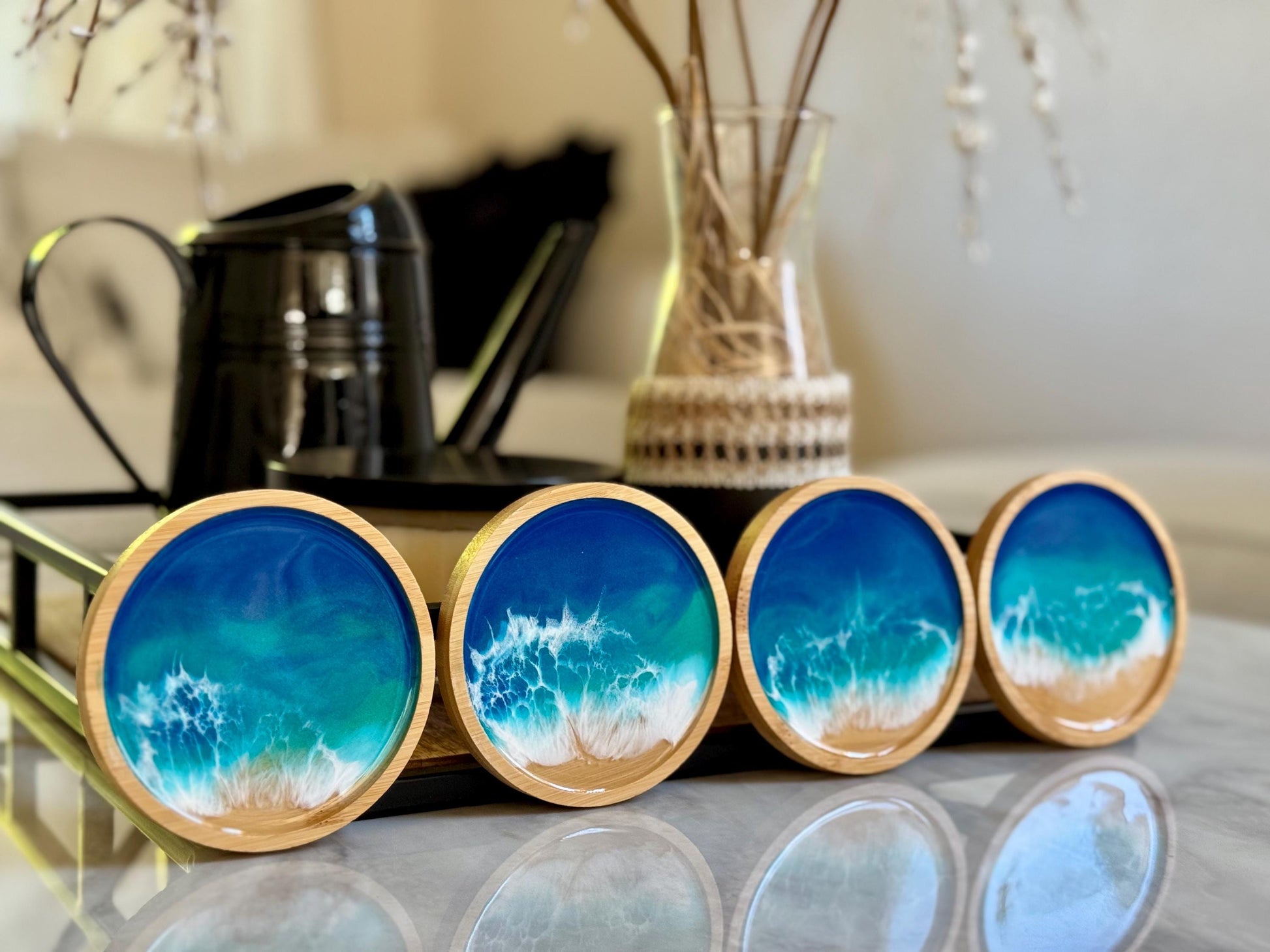 Ocean Inspired Bamboo Coaster Set of 4, Round Wood Beach Coasters, Handmade Wave Decor, Housewarming Gift, New Home Gift, Hostess Gift