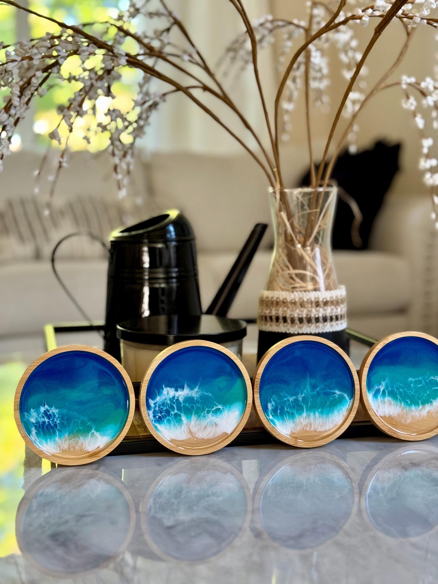 Ocean Inspired Bamboo Coaster Set of 4, Round Wood Beach Coasters, Handmade Wave Decor, Housewarming Gift, New Home Gift, Hostess Gift