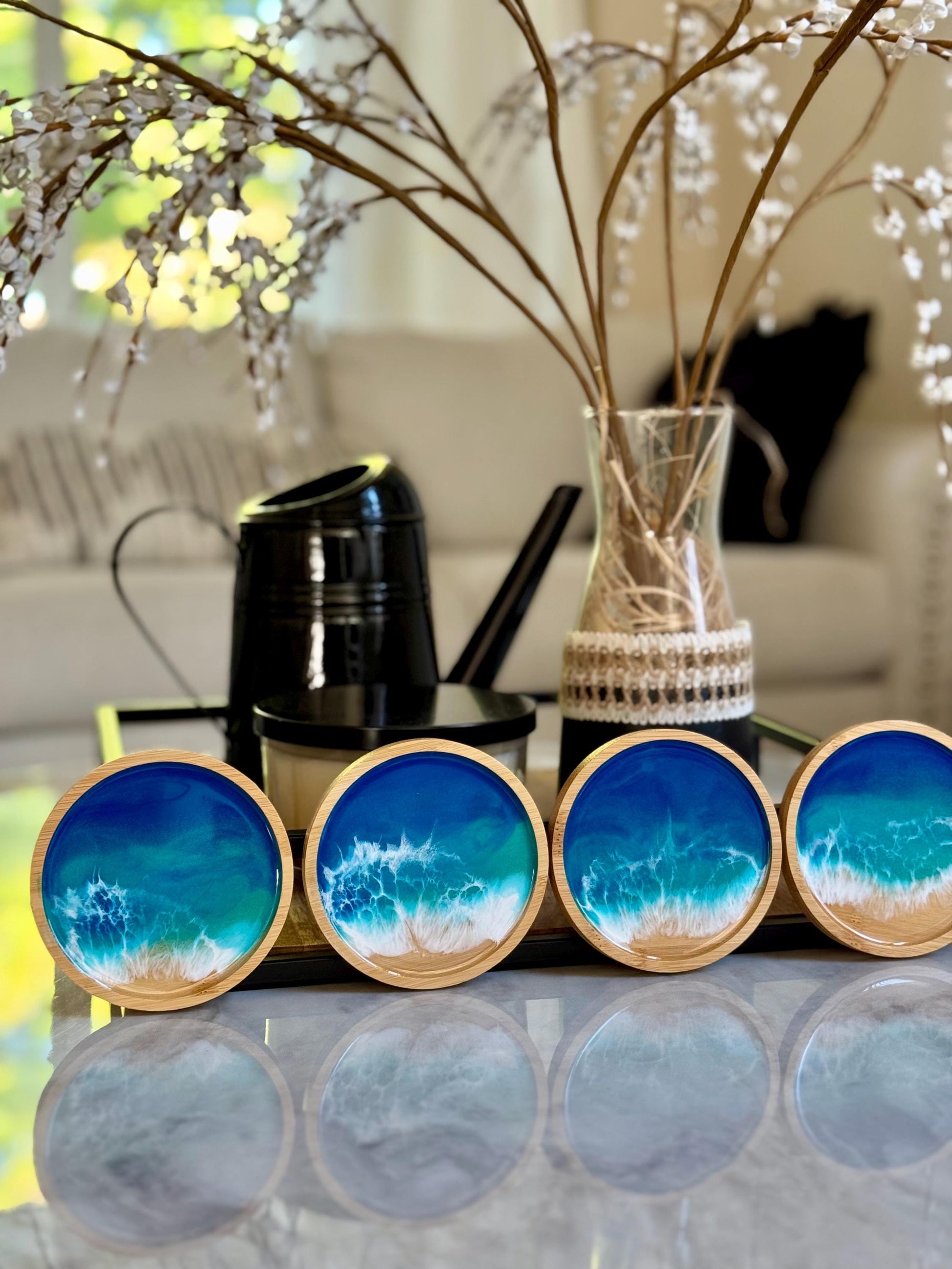 Ocean Inspired Bamboo Coaster Set of 4, Round Wood Beach Coasters, Handmade Wave Decor, Housewarming Gift, New Home Gift, Hostess Gift