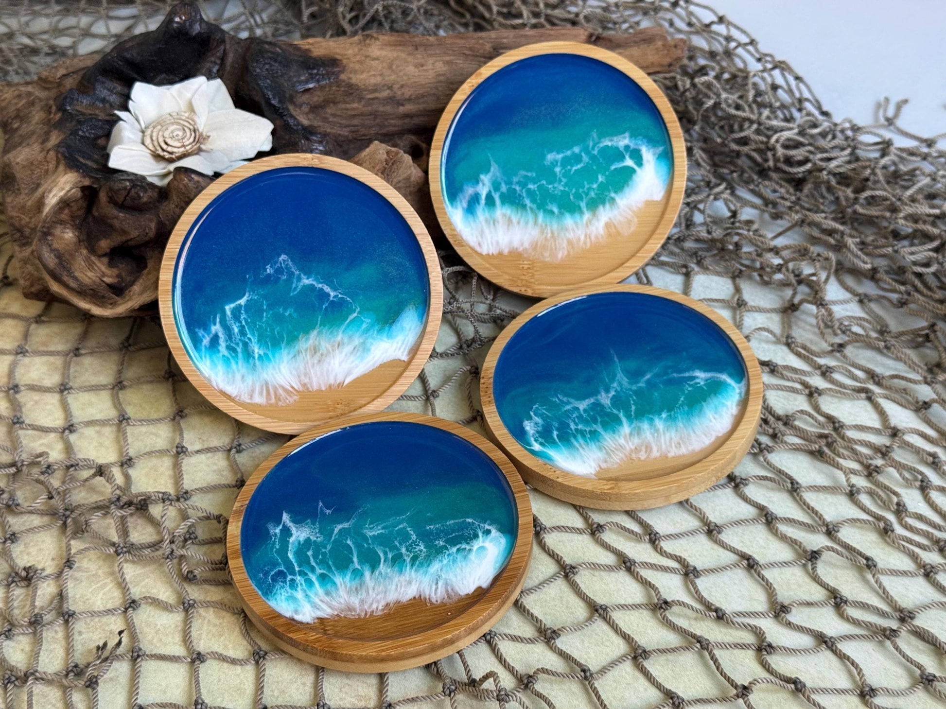 Ocean Inspired Bamboo Coaster Set of 4, Round Wood Beach Coasters, Handmade Wave Decor, Housewarming Gift, New Home Gift, Hostess Gift