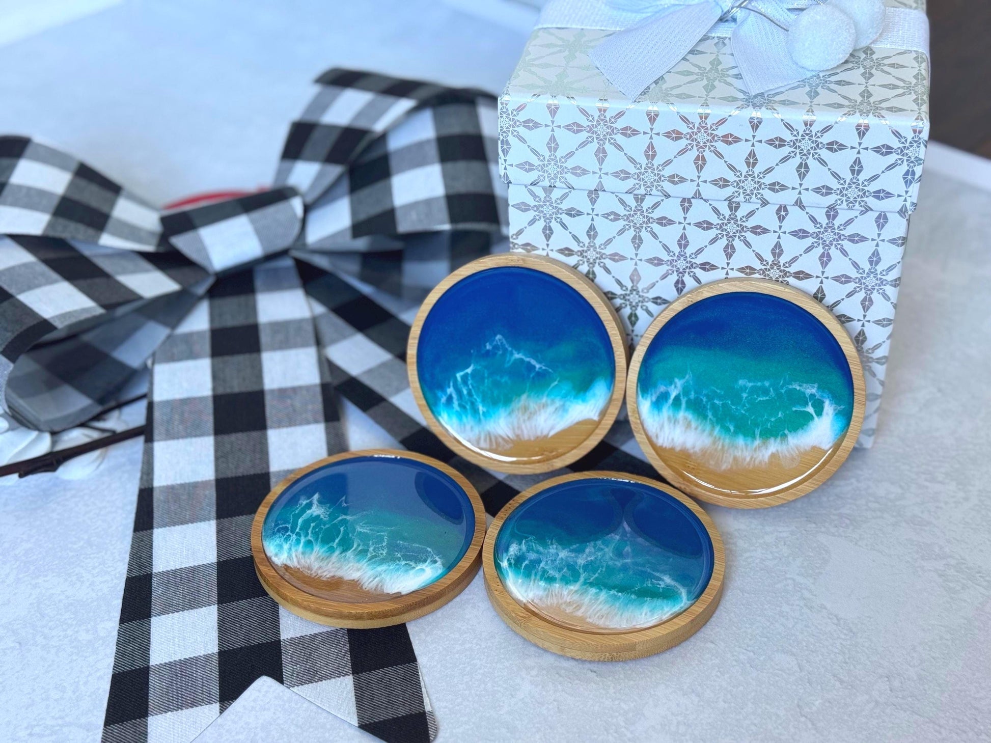 Ocean Inspired Bamboo Coaster Set of 4, Round Wood Beach Coasters, Handmade Wave Decor, Housewarming Gift, New Home Gift, Hostess Gift