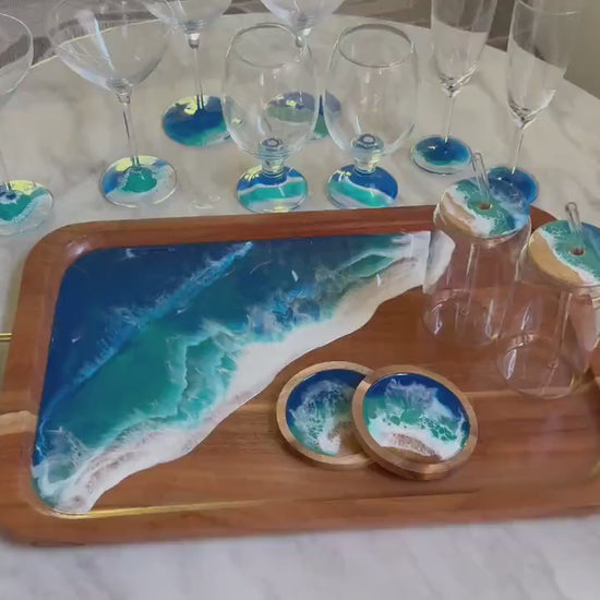 Large Ocean Wave Tray Gift Set for Wine & Cheese Lovers, Realtor Closing New Home Gift, Wedding, Couple Beach Lover Gift, Coastal Christmas