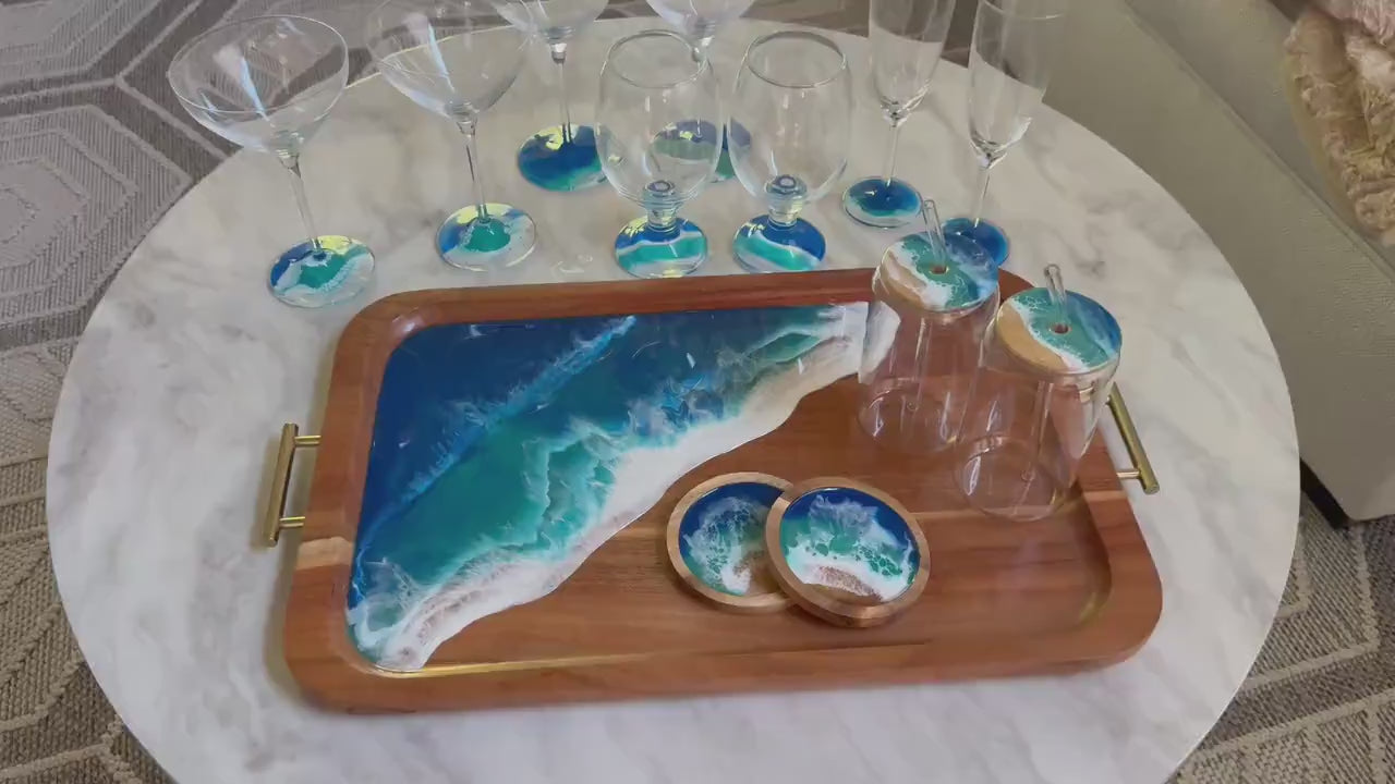 Large Ocean Wave Tray Gift Set for Wine & Cheese Lovers, Realtor Closing New Home Gift, Wedding, Couple Beach Lover Gift, Coastal Christmas