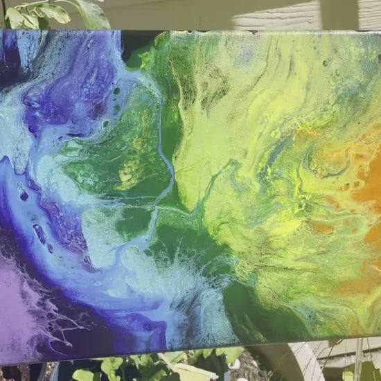 Unique Rainbow Fluid Art Painting on a Black Background, Shimmers and Shines with Metallic and Iridescent Paints, Acrylic Pour Wall Decor