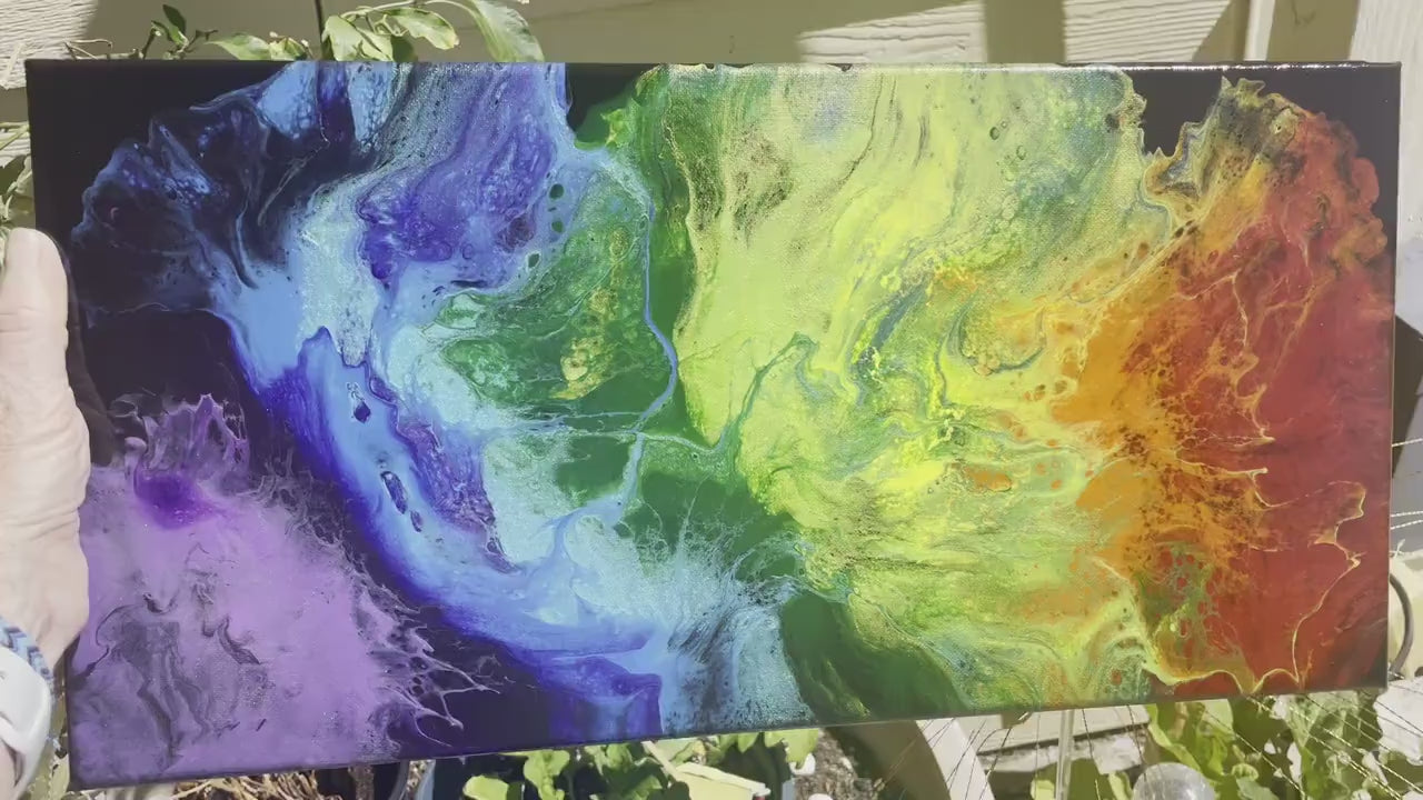 Unique Rainbow Fluid Art Painting on a Black Background, Shimmers and Shines with Metallic and Iridescent Paints, Acrylic Pour Wall Decor