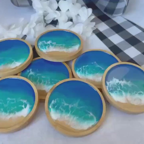 Ocean Inspired Bamboo Coaster Set of 4, Round Wood Beach Coasters, Handmade Wave Decor, Housewarming Gift, New Home Gift, Hostess Gift