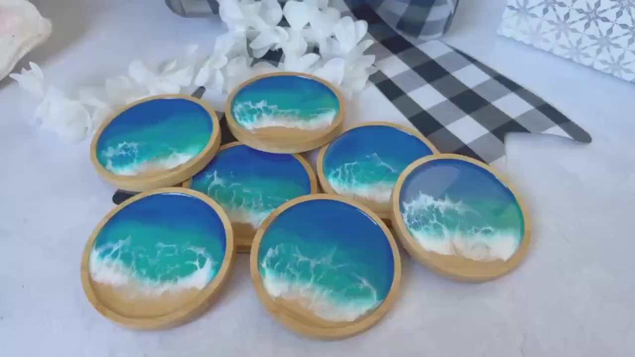 Ocean Inspired Bamboo Coaster Set of 4, Round Wood Beach Coasters, Handmade Wave Decor, Housewarming Gift, New Home Gift, Hostess Gift