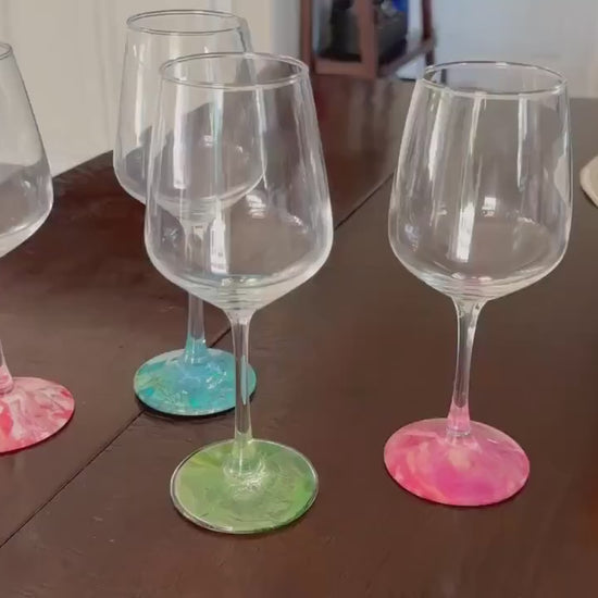 Decorated Wine Glass Gift Set of Four Unique Glasses: all different colors to stand out from one another, no need for charms with these!