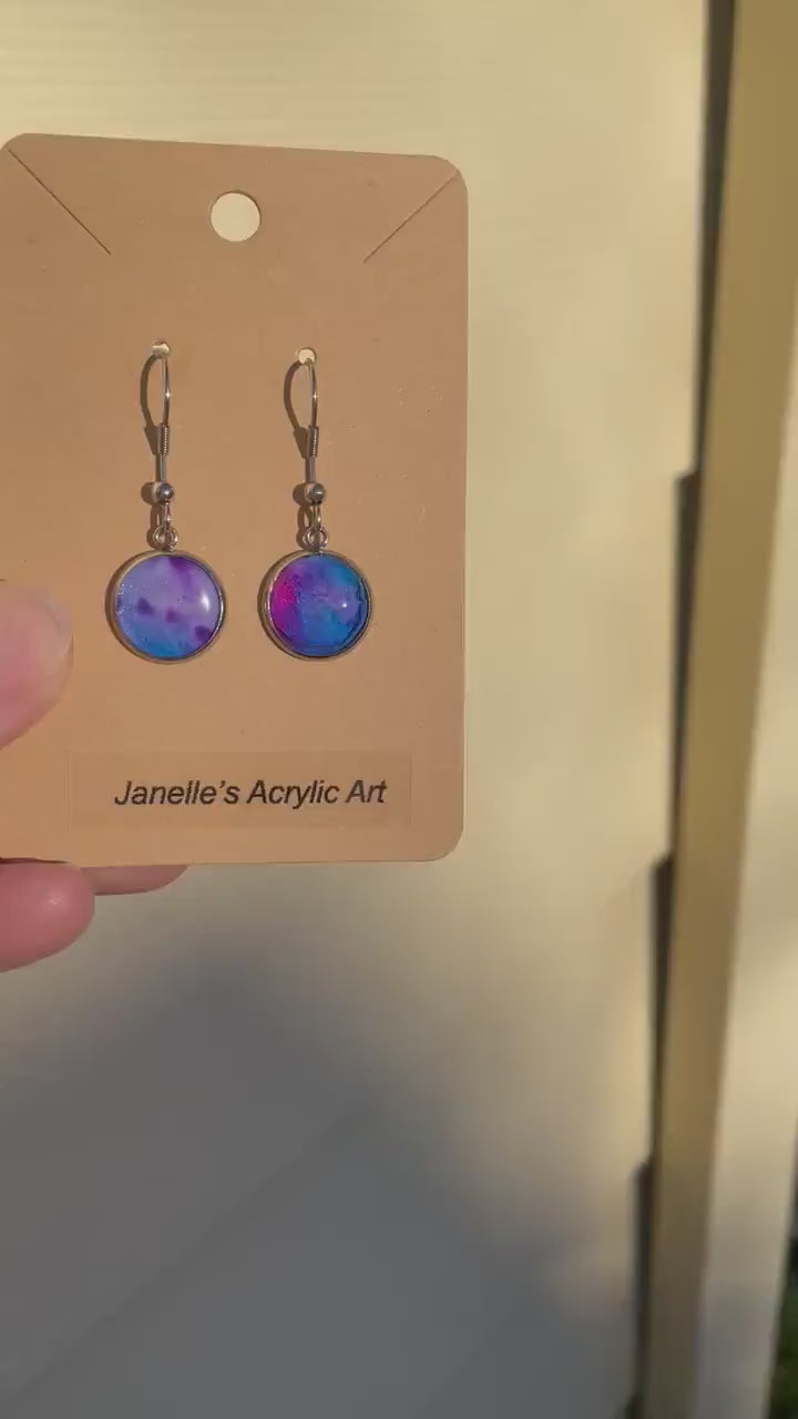 Dangle Earrings Hand Painted in Blue, Purple, and Pink Acrylic Pour Technique using Paint Skins