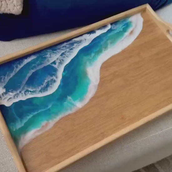 Ocean Inspired Breakfast in Bed Tray, Tropical Resin Ocean Wave Folding Tray, Realtor Closing New Home Gift, Mom Beach Lover Gift, Self Care