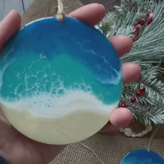 Personalized Beach Lover's Christmas Ornament, Large Wood Coastal Home Decor with Resin Ocean Wave, Coastal Christmas, Nautical Beach House