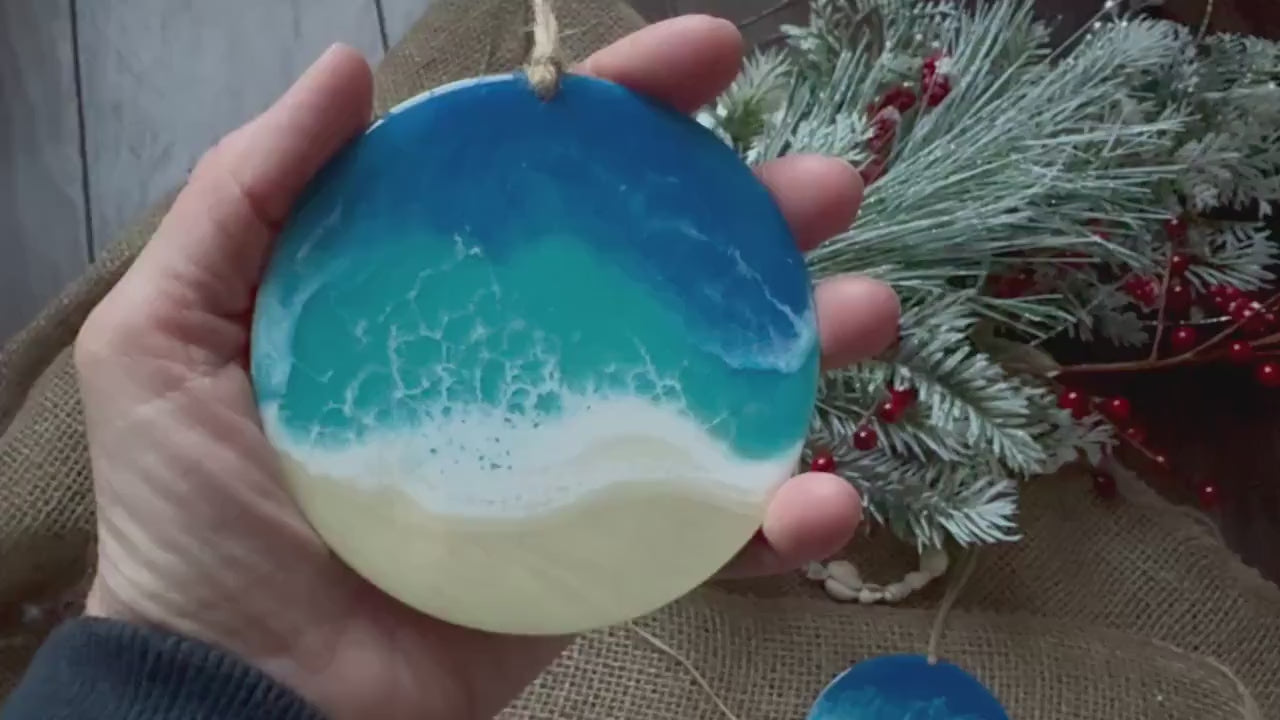 Personalized Beach Lover's Christmas Ornament, Large Wood Coastal Home Decor with Resin Ocean Wave, Coastal Christmas, Nautical Beach House