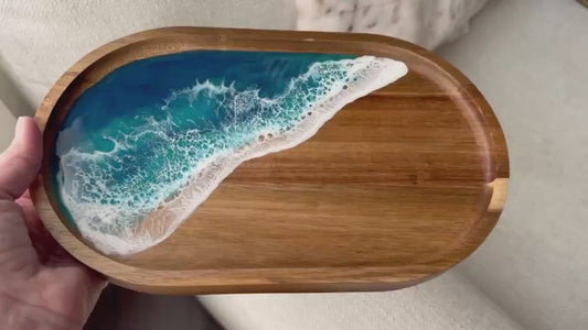 Ocean Wave Coastal Coffee Table Tray, Wood and Resin Beach Home Decor, Tropical Serving Tray, Trinket Tray, Housewarming Gift Beach Lover