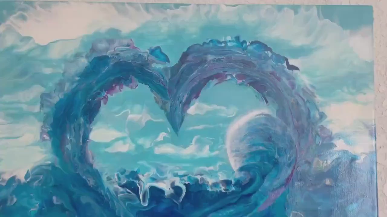 Ocean Heart Wave Acrylic Painting, Coastal Nautical Wall Art, 20x16