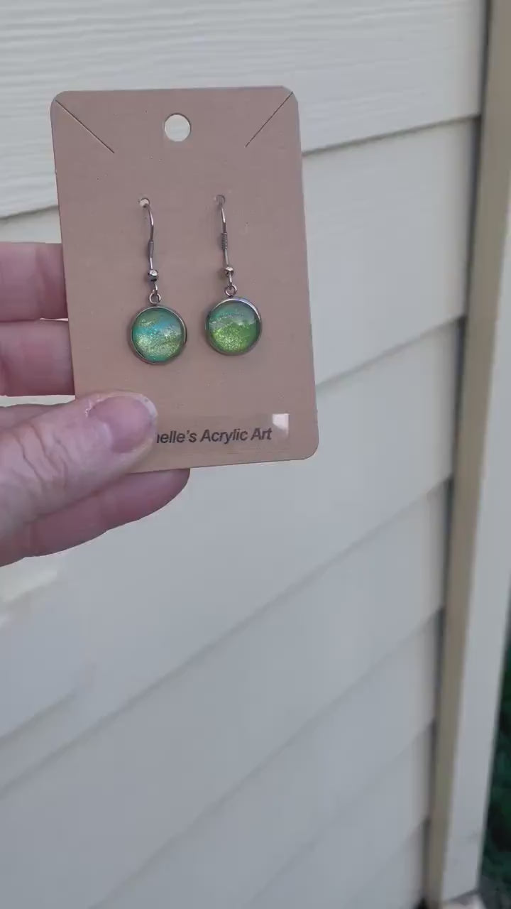 Green and Gold Drop Earrings Hand Painted in Abstract Acrylic Pour Style, Green Dangle Earrings
