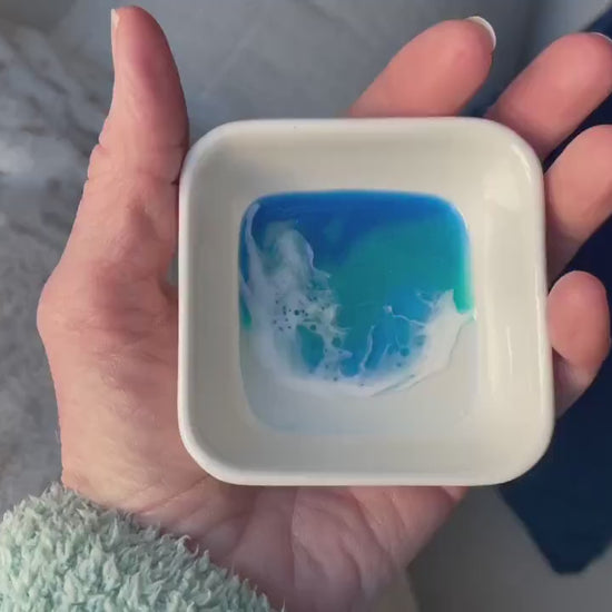 Ocean Wave Ring Dish, Beach Jewelry Dish, Wedding Ring Gift, Anniversary Gift for Her, Coastal Trinket Tray, White Square Ceramic Small Dish