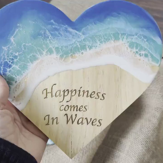 Ocean Wave Wall Art, Wooden Heart Beach Sign, Happiness Comes in Waves Handmade Coastal Art, Student Gift Dorm Decor, Coastal Christmas