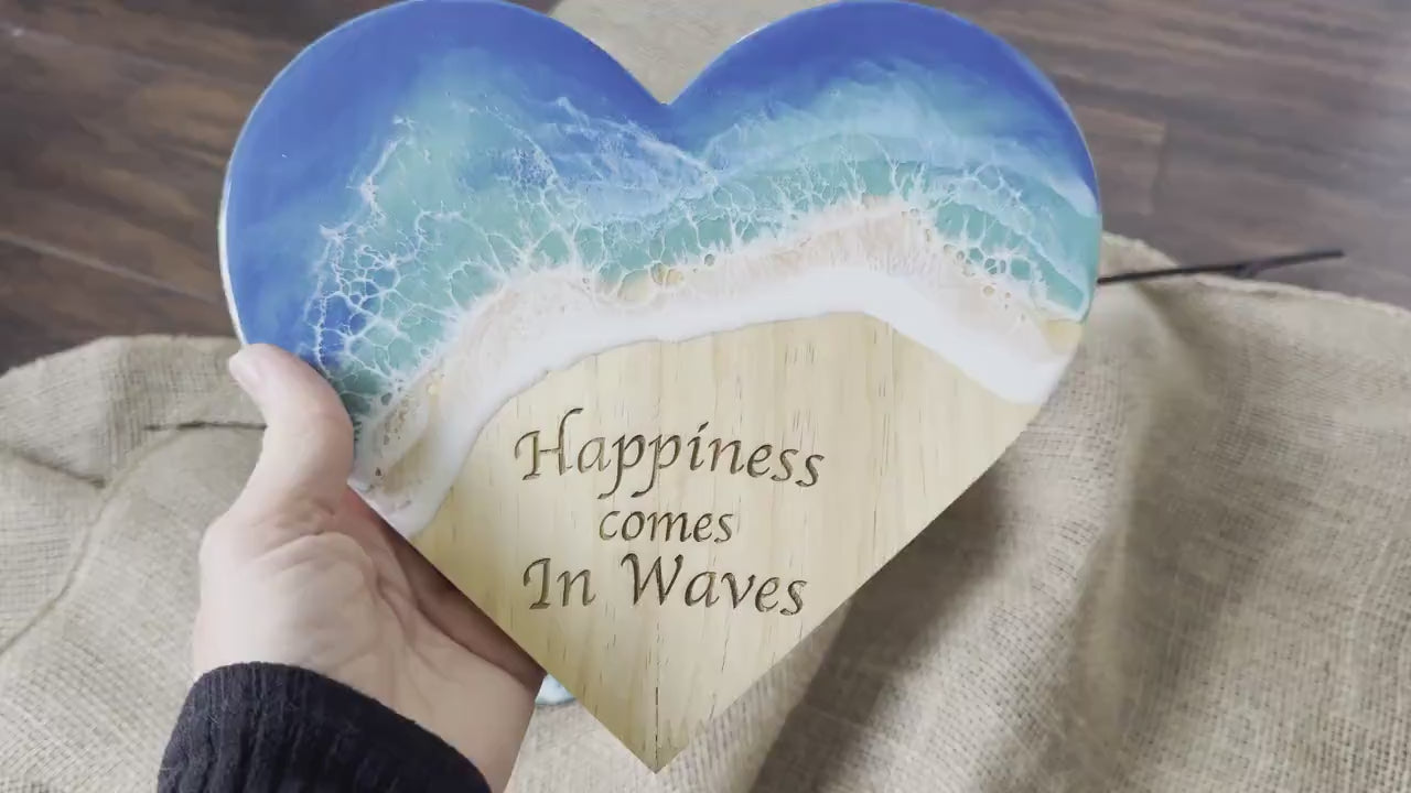 Ocean Wave Wall Art, Wooden Heart Beach Sign, Happiness Comes in Waves Handmade Coastal Art, Student Gift Dorm Decor, Coastal Christmas