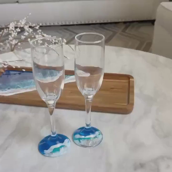 Resin Ocean Wave Champagne Flutes: Beach Wedding Toasting Glasses