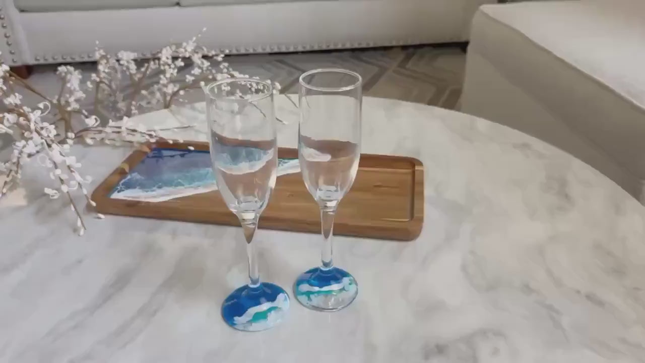 Resin Ocean Wave Champagne Flutes: Beach Wedding Toasting Glasses